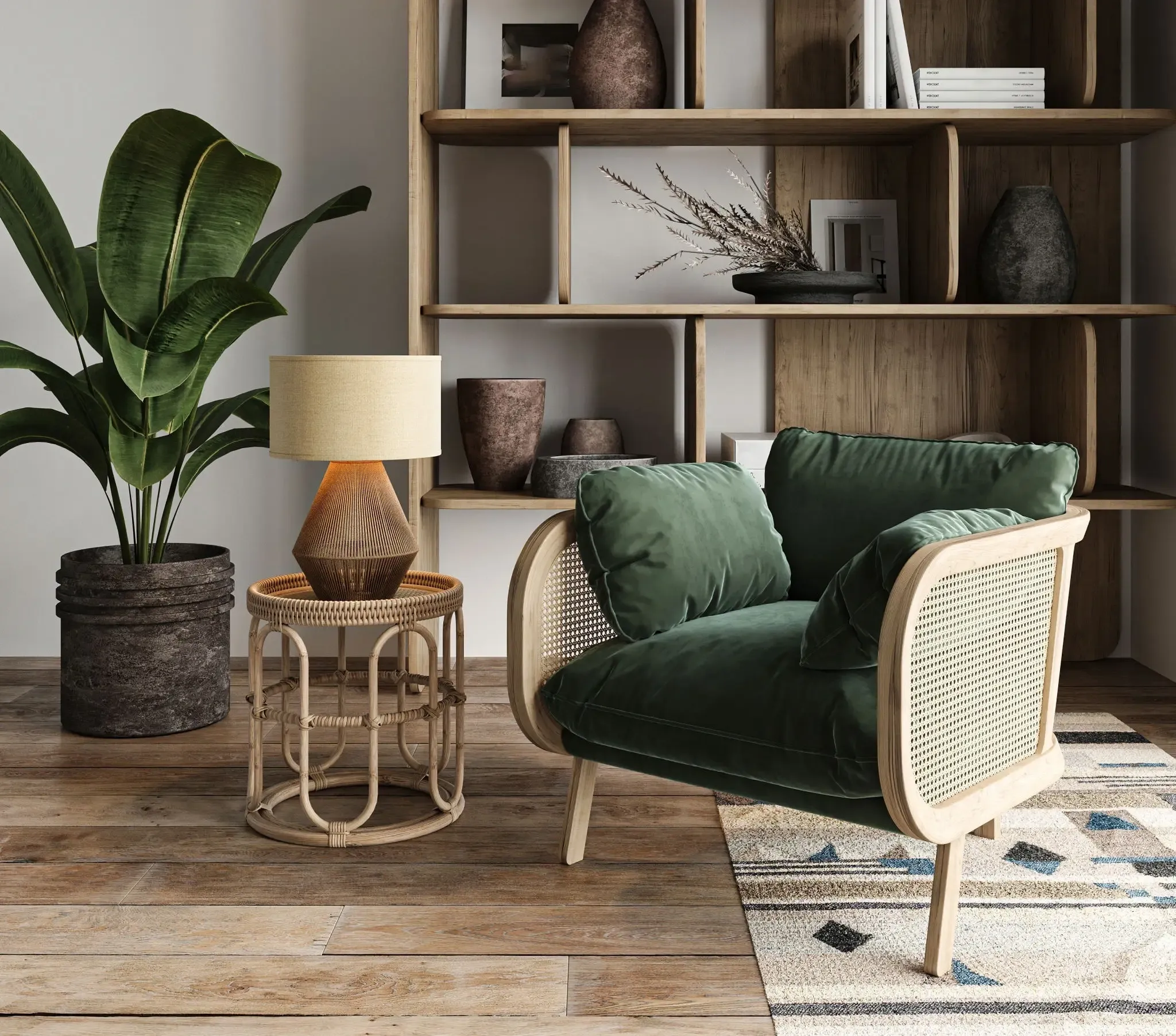 054a1859-c8d3-4435-8efd-2a8c252a0126 A living room with a green chair and a plant