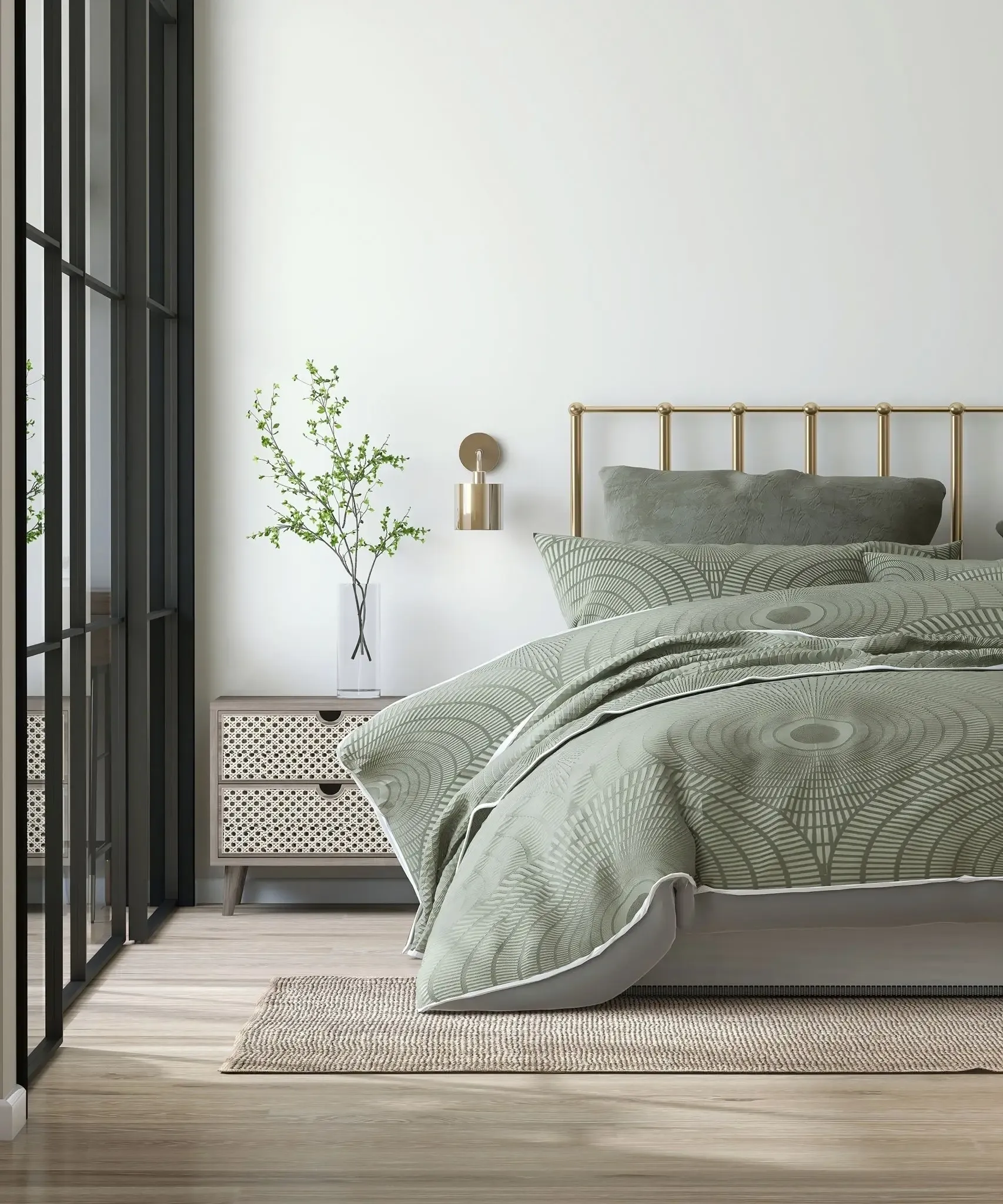 101 A bed with green sheets and pillows in front of a window.
