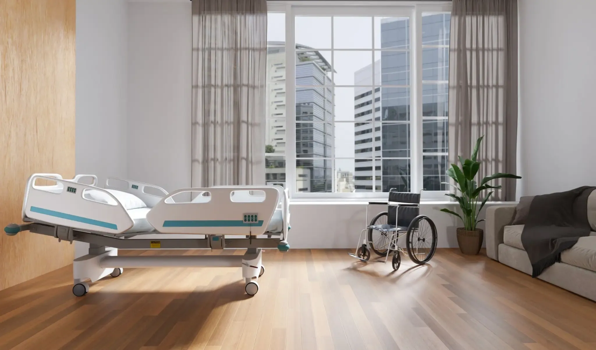 A hospital room with a wheelchair and bed in it.