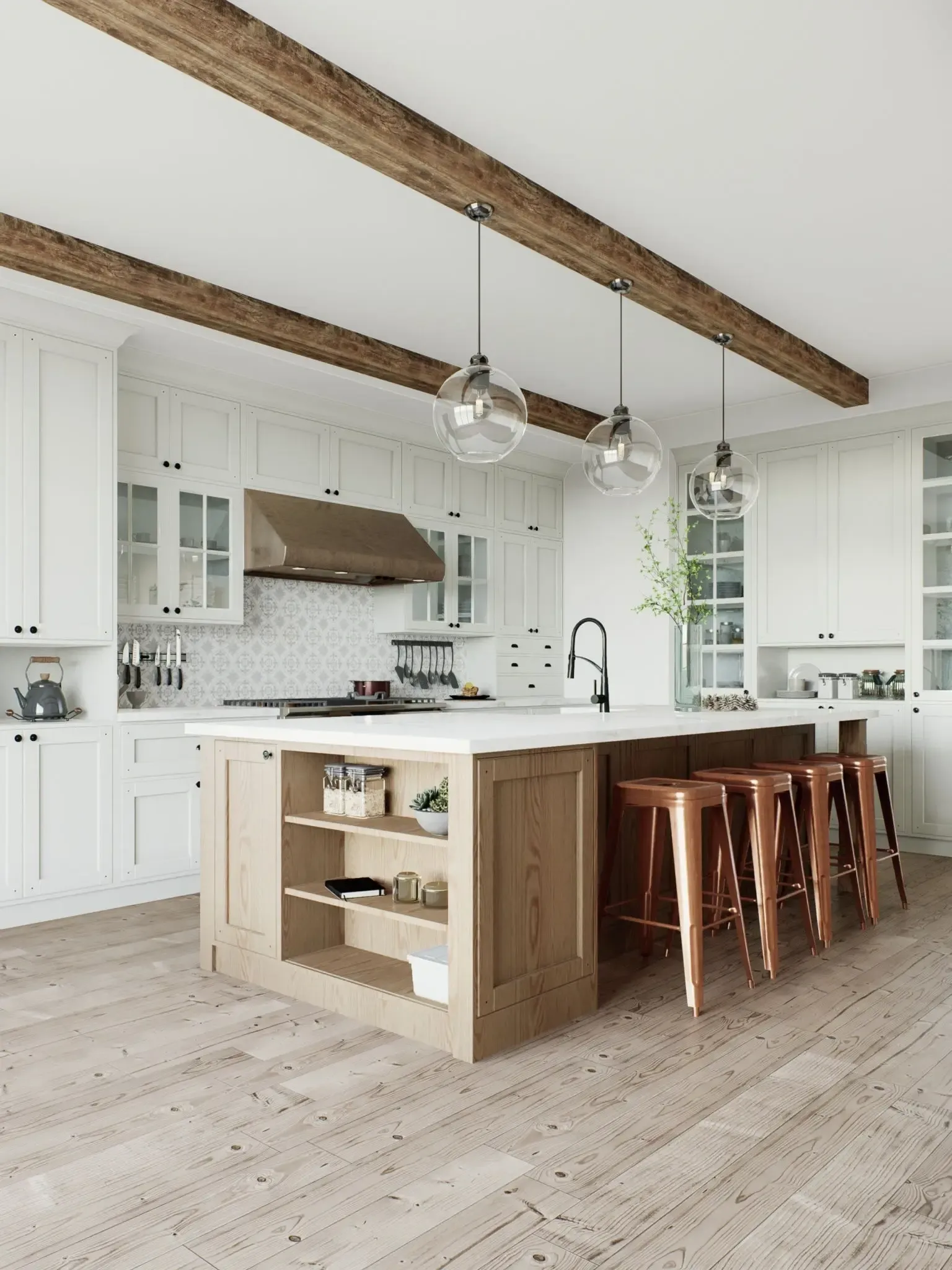 res A kitchen with wooden floors and white walls.