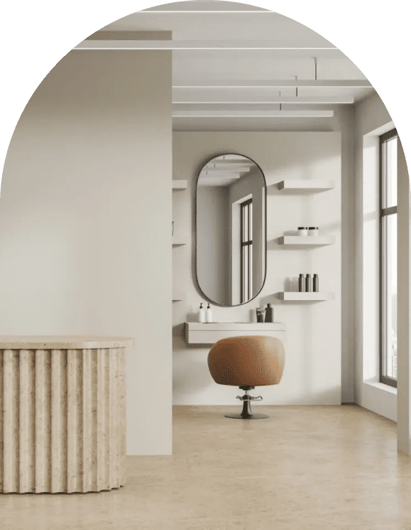 A room with a mirror and a chair in it